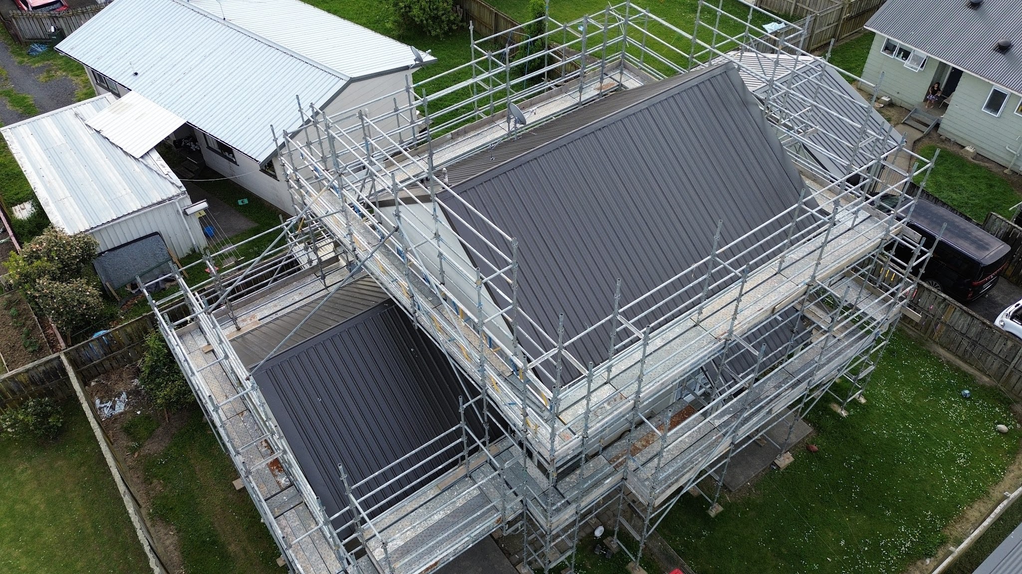Roofing project with scaffolding
